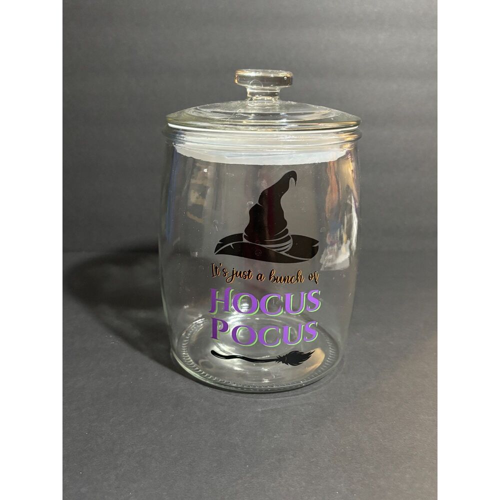 Hocus Pocus Glass Jar with Lid Witch Hat Halloween Storage Container Decor